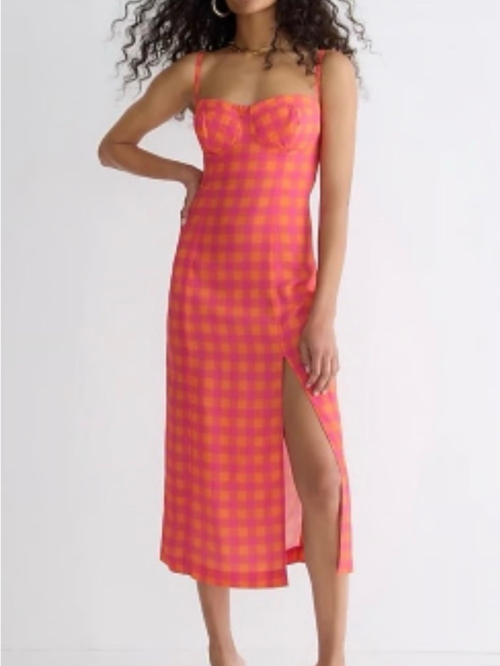 J. Crew Pink and Orange Gingham Midi Slip Dress with Side Slit